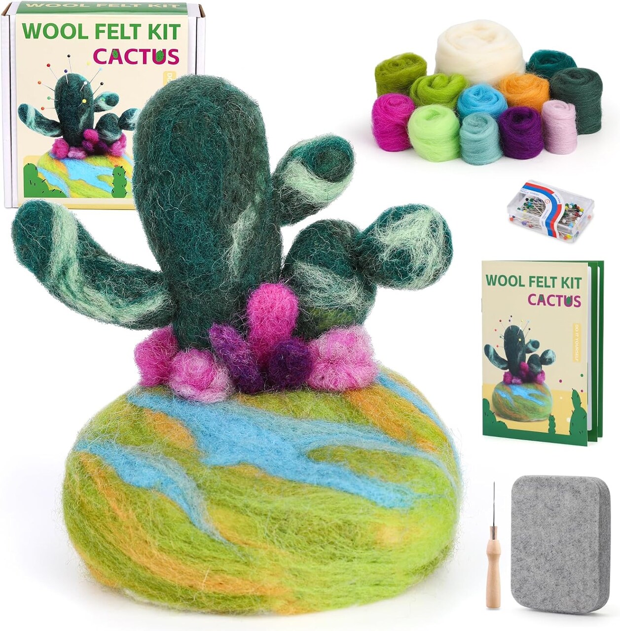 Needle Felting Kit for Beginners Adults, Complete Plant Wool Felting Set with 100pcs Sewing Pins, Felting Needles, Wool, Pad & Instructions, DIY Craft Kit for Home Decor & Creative Projects